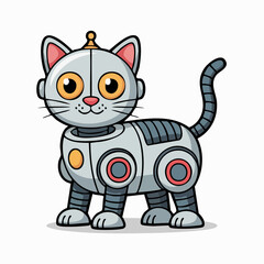 Obraz premium Cute robot cat illustration with orange eyes and grey metallic body