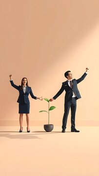 A business duo celebrates success. They stand holding hands over a growing plant, arms raised against a soft background