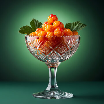 Vintage cut glass compote vase full of fresh cloudberries, emerald background