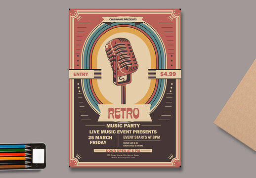 Retro Music Party Poster with Vintage Microphone Illustration
