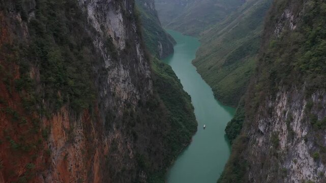 Aerial view of Nho Que River flowing through deep Tu San Canyon in Ha Giang