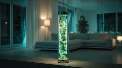 Fototapeta premium Glowing aquarium lamp in modern lounge soft teal illumination casts serene reflections across plush sofa and glass windows, biophilic decor, water plants swirling inside cylindrical column, nighttime