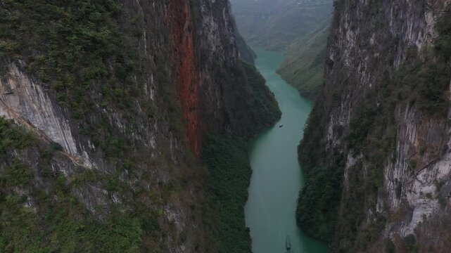 Aerial view of Nho Que River flowing through deep Tu San Canyon in Ha Giang