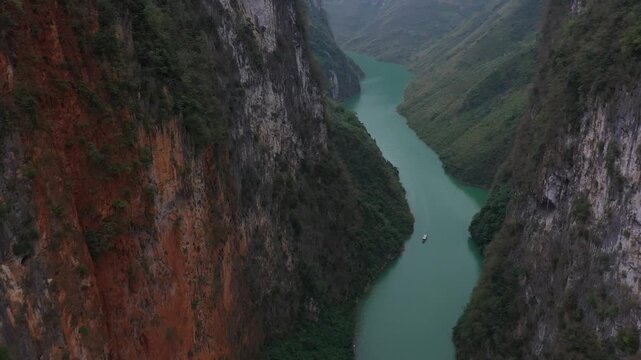 Aerial view of Nho Que River flowing through deep Tu San Canyon in Ha Giang