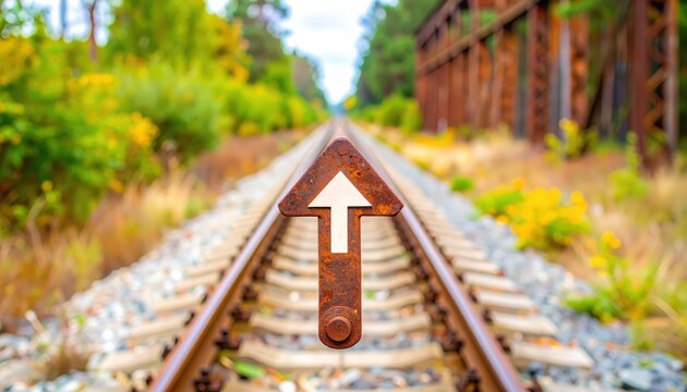 Train track with upward arrow direction and progress detailed view of train track and arrow symbolizing future path