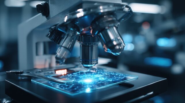 Microscope reveals intricate features of semiconductor components during testing. Inspection setup using advanced microscopy to examine microchip structures on illuminated circuit boards