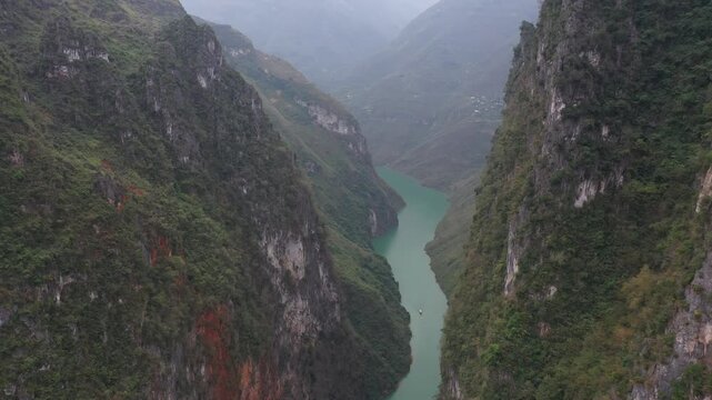 Aerial view of Nho Que River flowing through deep Tu San Canyon in Ha Giang