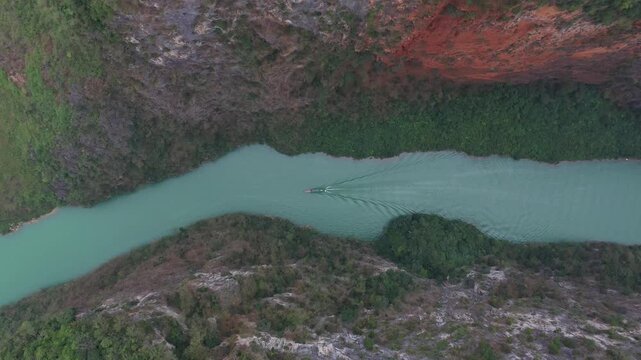 Aerial view of Nho Que River flowing through deep Tu San Canyon in Ha Giang