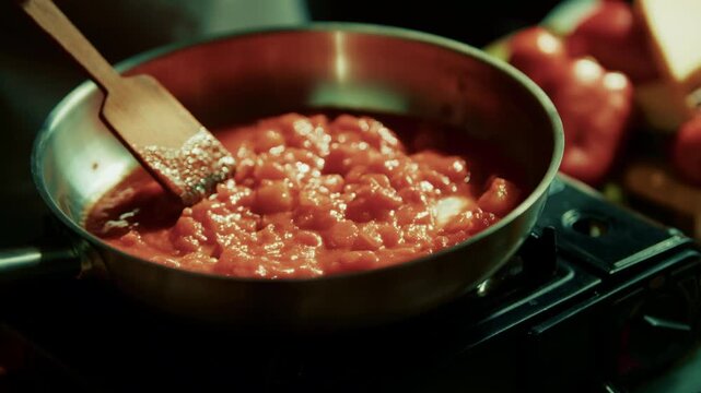 Stirring Red Tomato Sauce With Spatula In Pan. Preparing Homemade Bolognese Or Marinara 