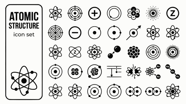 Atomic Structure Bold Line Icons-Bohr Atom Electron Shell Proton Neutron Nucleus Electron Cloud Isotope Ionization-20 Atomic Icon Set Vector - Atomic Structure Icons