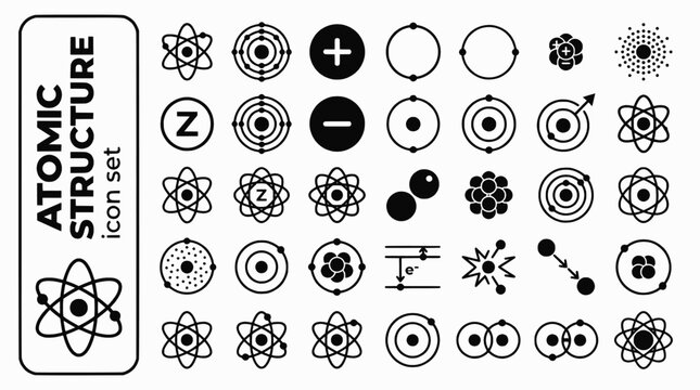 Atomic Structure Bold Line Icons-Bohr Atom Electron Shell Proton Neutron Nucleus Electron Cloud Isotope Ionization-20 Atomic Icon Set Vector - Atomic Structure Icons
