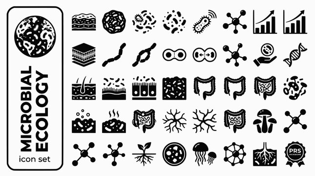 Microbial Ecology Bold Line Icons-Biofilm Quorum Sensing Horizontal Gene Transfer Microbial Mat Extremophile Gut Microbiome Soil-20 Microbial Ecology Icon Set Vector - Microbiology Icons