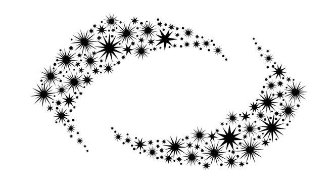 Black Starbursts Forming a Dynamic Swirl on a White Background, Abstract Design