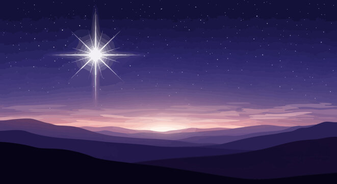 Bright Star Shines Over Serene Mountain Landscape at Dusk with Twilight Sky