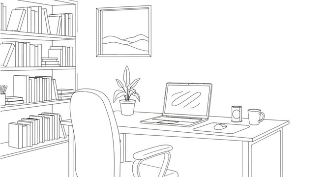 A neat and organized home office or professional workspace features a modern laptop computer, an ergonomic chair, and a bookshelf filled with various books, creating an ideal environment for remote wo