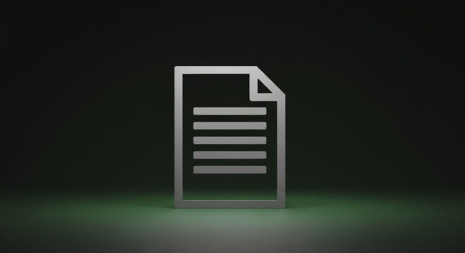 Minimalist Silver Document Icon 3D Rendering on Dark Green Background for Business and Data Storage Concepts