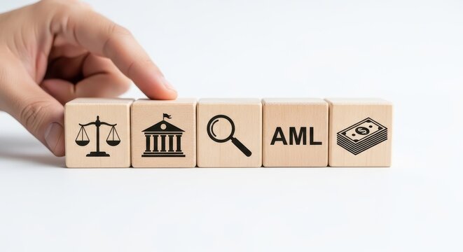 Wooden cubes with anti-money laundering concept icons isolated on transparent background