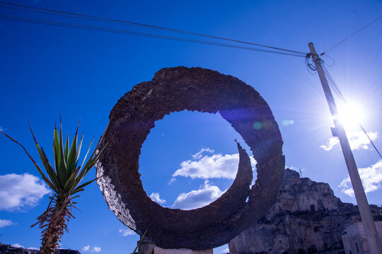 Matera, Italy, December 30th 2025; The Circle "Il Cerchio" by Antonio Girasole,&nbsp;framing the timeless skyline of Matera in southern Italy.