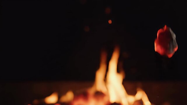 A glowing ember floats amidst dancing flames and dark embers on a black background