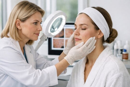 Cosmetologist examines female face with magnifier during skincare procedure in modern beauty clinic