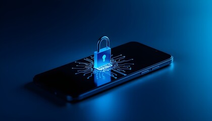 Fototapeta premium A smartphone with a blue padlock and digital code on its screen, symbolizing mobile security and protection