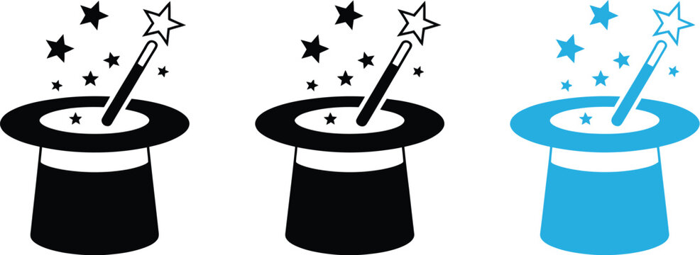 Magic wand icon set, vector illustration of star wand and magician hat icons in black outline and blue colors for fantasy and magical concept design.