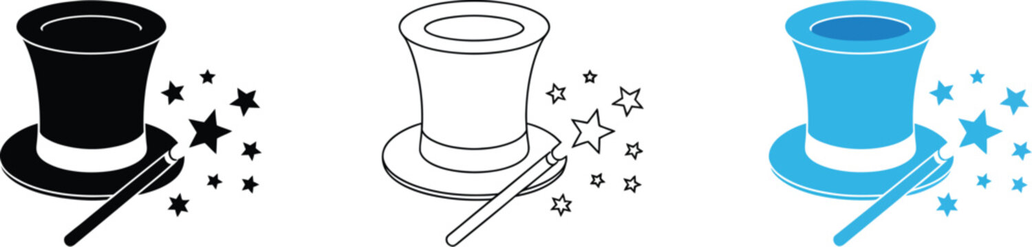 Magic hat icon set, charming vector collection with magician hats and magic wand creating sparkling stardust spell effects in black outline and blue styles.