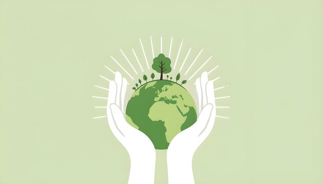 A pair of hands cradling the Earth with a green tree growing on top, symbolizing environmental care and sustainability.