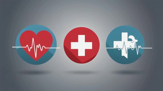 Medical icons with heart and cross symbols displayed on a grey background