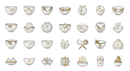 Fototapeta premium Kintsugi Repair Illustration Set - Japanese Pottery Art and Golden Joinery Design Elements for Crafts and Decorative Projects