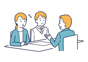Fototapeta premium 三者面談で困りごとを相談する親子のイラスト