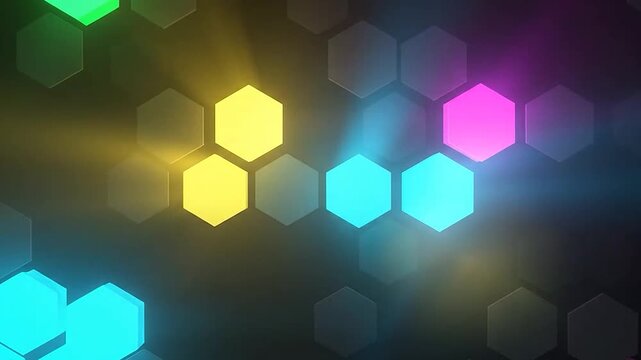 Abstract glowing hexagonal shapes create a vibrant and dynamic digital background