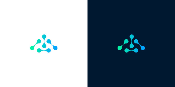 Dynamic abstract emblem with a triangular arrangement of glowing, interconnected nodes, rendered in a smooth gradient of teal and blue, symbolizing advanced technology and robust networks
