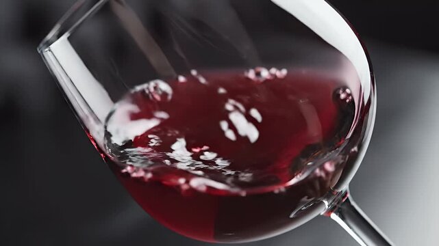A clear glass swirls rich red liquid, catching light with shimmering highlights