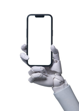Robot Hand Holding Smartphone with White Chroma Key Screen on White Background