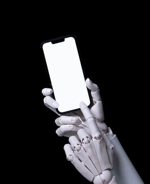 Robotic Hands Interacting with a White Screen Smartphone on Black Background