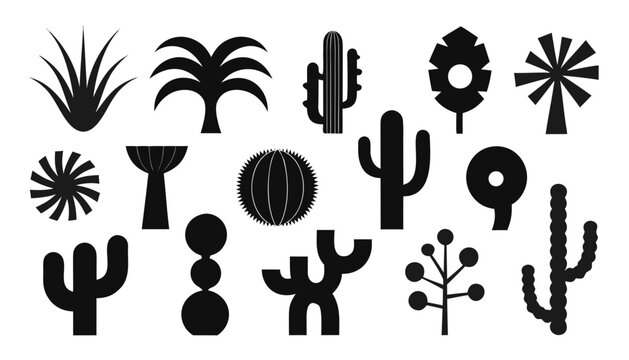 Collection of black silhouettes of various desert plants and cacti on white background for design and decoration