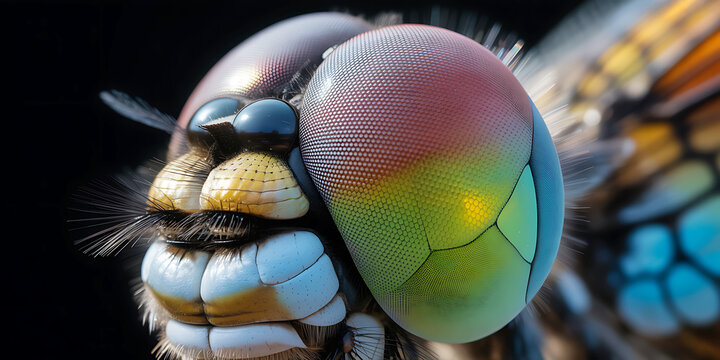 Closeup of a dragonfly head with large compound colorful eye and antennae