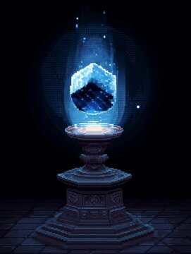 Glowing crystal cube floating above pedestal darker magic scene with blue light art aura