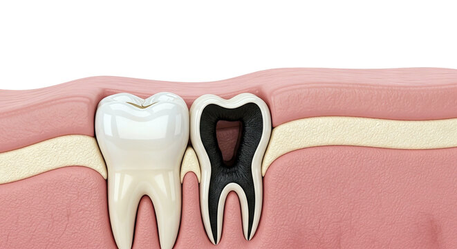 Cross-section of a healthy and decayed tooth