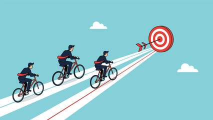 Fototapeta premium Group of professional business people riding bicycles on paths of light towards a red target, representing collective effort and goal orientation.