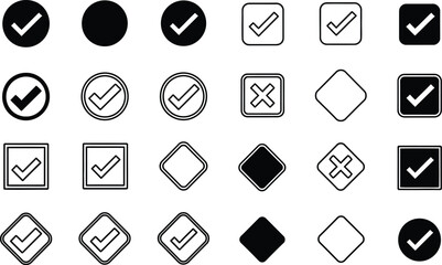 Collection of black and white checkmark icons in various shapes © MdSafwan