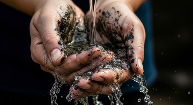 person washing hands with water.