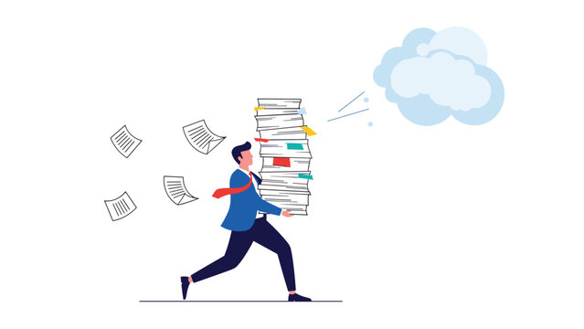 Stressed businessman running while carrying a massive stack of paperwork to meet urgent office deadlines and manage heavy workload.