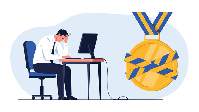 Frustrated businessman sitting at his desk next to a giant golden medal wrapped in yellow warning tape to represent blocked success.