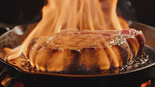 A thick cut of meat sears and flames erupt around it in a cast iron pan
