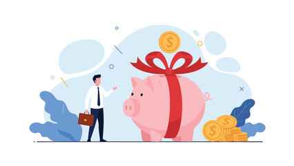Fototapeta premium Businessman standing next to a giant pink piggy bank wrapped in a red ribbon with gold coins symbolizing a bonus or financial gift.