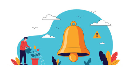 Fototapeta premium Person watering office plant next to large golden bell and warning symbol representing work alerts, routine maintenance, and notification systems used.