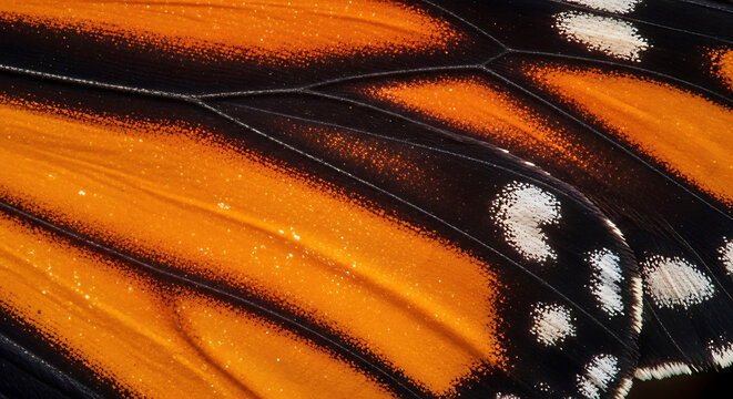 Closeup of monarch butterfly wing with orange and black patterns