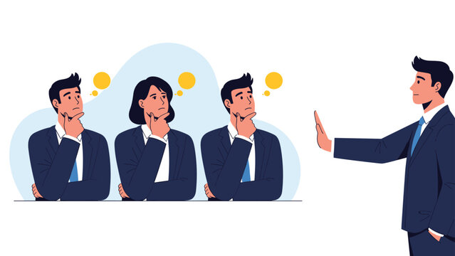 Professional businessman holding up his hand to stop three thinking colleagues representing decision making and taking the lead.